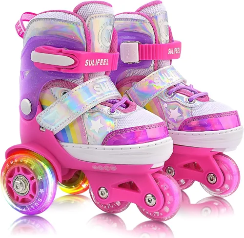 Vista 20 de SULIFEEL Rainbow Unicorn - Patines ajustables de 4 tamaños para niñas y niños de 3-5, 5-8, 6-12 años, patines para interiores y exteriores