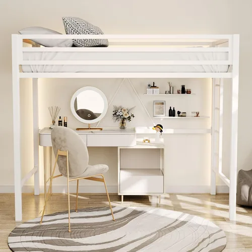 Vista 3 de ikalido - Cama tipo loft de metal, tamaño individual, con barandilla de seguridad y escalera, color blanco crema No necesita somier, muebles