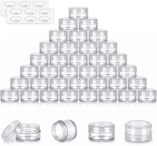 Vista 9 de Contenedores de cosméticos con tapas, tarros de loción de plástico, tarros para muestras, con tapa rosa, 0.2 oz, 25 unidades, Tarro de 3 gramos.