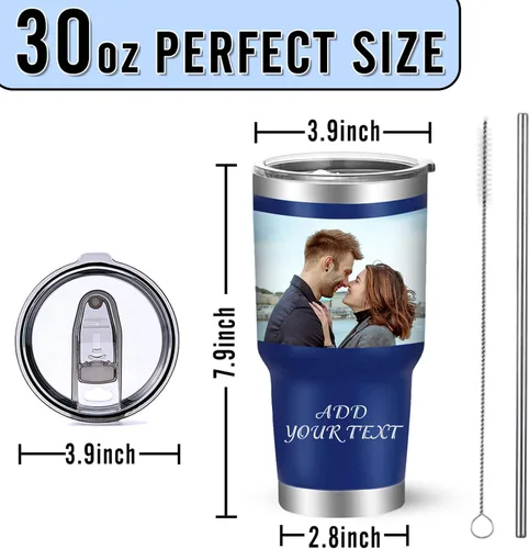 Vista 3 de Vaso de fotos personalizado de 30 onzas con tapa y pajita, tazas de café de acero inoxidable personalizadas, taza de viaje con nombre de imagen