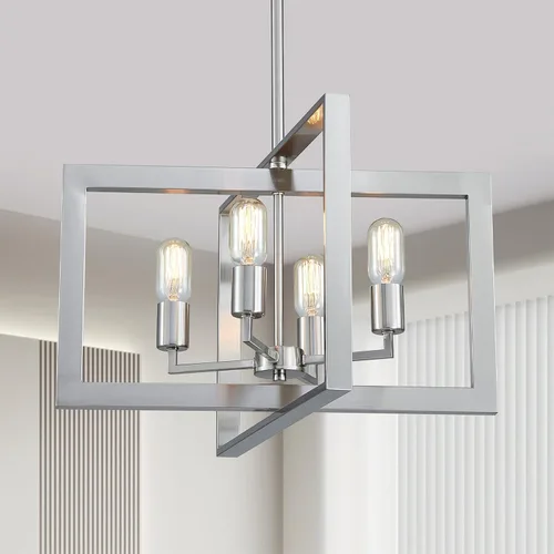 Vista 12 de XINGQI Candelabro cuadrado de 4 luces, lámpara de granja, moderna iluminación colgante para cocina, isla, comedor, sala de estar, acabado de grano