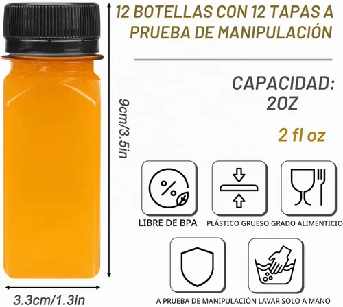 Vista 2 de TOMNK 12 botellas de plástico de 2 onzas con tapas, recipientes reutilizables transparentes a granel para bebidas de jengibre shot, jugo, leche
