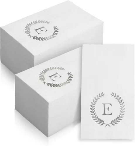 Vista 11 de Paquete de 200 servilletas desechables con monograma de papel de aluminio plateado con letra M, servilletas de mano desechables con inicial