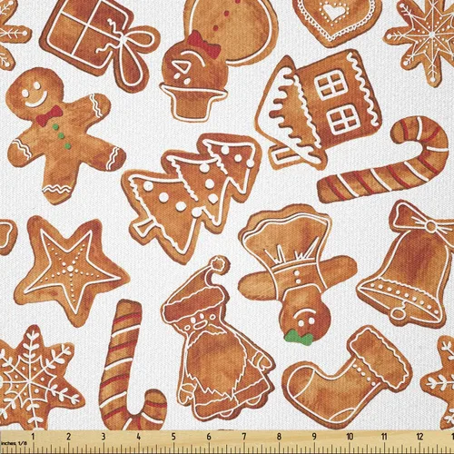 Vista 16 de Ambesonne Tela Navideña por Yarda, Tema Navideño Colorido Vivo Piñas de Pino Ramas Hombre de Jengibre Imagen de Bayas Estampada, Tela de Punto