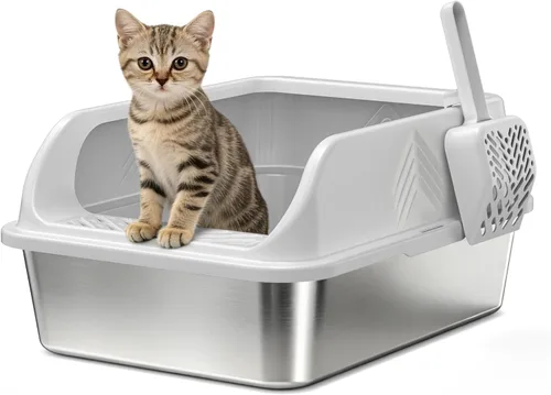 Vista 8 de Pequeña caja de arena de acero inoxidable con tapa para gatitos, cajas de arena de metal para gatos con laterales altos cerradas para gatos