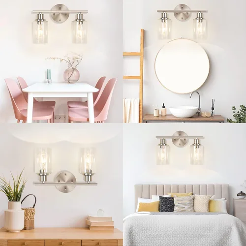 Vista 5 de Lámpara de pared de 2 luces, luz de tocador de baño sobre espejo Wall Sconce Light Fixture with Clear Glass Shade Brushed Nickel Modern Metal Wall