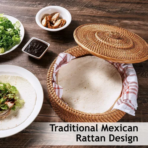 Vista 4 de Tortillada - Calentador de Tortilla de Ratán de 10 pulgadas – Cesta de pan hecha a mano para tortillas, envolturas y pan plano – Cesta