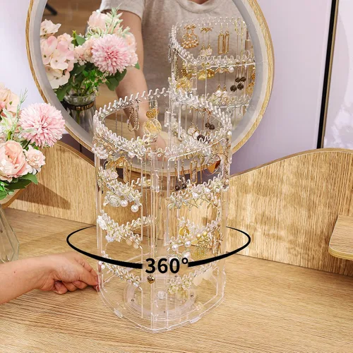 Vista 3 de SuoXing Organizador de aretes giratorio de 360 grados y exhibidores de joyas, estante transparente para aretes, collares, pulseras, carrusel, torres