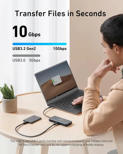 Vista 3 de Anker 555 Hub USB-C (8 en 1), con suministro de energía de 85W, puerto HDMI 4K 60Hz, USB C de 10Gbps y 2 puertos de datos A, lector de tarjetas