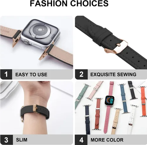 Vista 6 de Slim Leather Bands Compatible with Apple Watch 38mm 40mm 41mm 42mm 44mm 45mm 49mm Replacement Genuine Leather Strap for iWatch Series Thin Watch