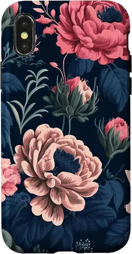 Vista 4 de Funda de follaje botánico para iPhone 15 con diseño floral azul marino y rosa