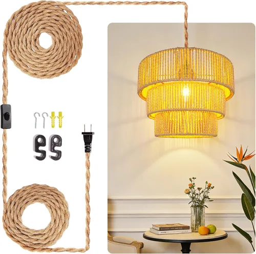 Vista 8 de Lámpara colgante con cable de enchufe con interruptor de encendido y apagado, luces colgantes de ratán, lámpara de techo bohemia, lámpara colgante