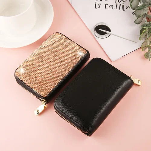 Vista 8 de AsAlways Funda con cremallera multicapa con diamantes de imitación RFID, cartera pequeña delgada para mujer, Oro, Moderno