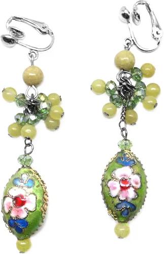 Vista 5 de Lime Green Chinese Cloisonne Enamel Cluster Drop Earrings Pierced or Clip On