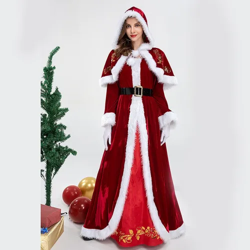 Vista 2 de Sinifer 4 piezas de lujo de Mrs. Santa Claus terciopelo con capucha para mujer