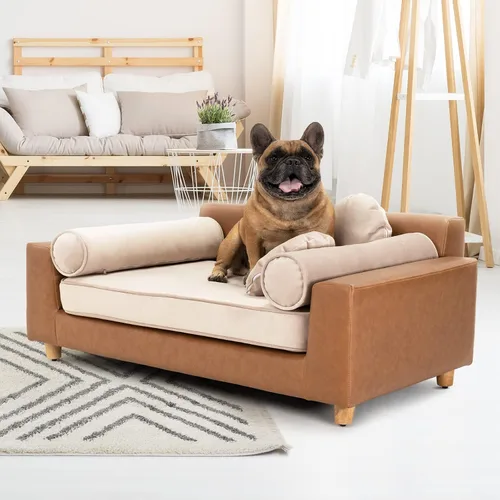 Vista 2 de dCee Sofá cama de lujo para perros, sofá de cuero de lujo de 42 pulgadas para perros grandes, cojín de terciopelo lavable, marco de madera