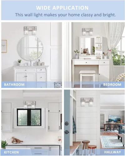 Vista 5 de Lámparas de baño, lámpara de tocador de 2 luces de níquel cepillado, apliques de pared modernos con pantalla de vidrio transparente para pasillo