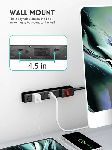 Vista 6 de PLUGUTL - Paquete de 2 protectores de sobretensiones (980 julios), regleta de alimentación de enchufe plano, cable de extensión de 4 pies con Negro