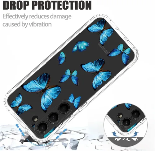 Vista 7 de Funda para Galaxy S23, Samsung S23 con protector de pantalla de vidrio templado, patrón de mariposa transparente de cuerpo completo, funda