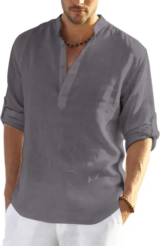 Vista 29 de COOFANDY Camiseta Henley de algodón y lino para hombre, de manga larga, estilo hippie, casual, playera