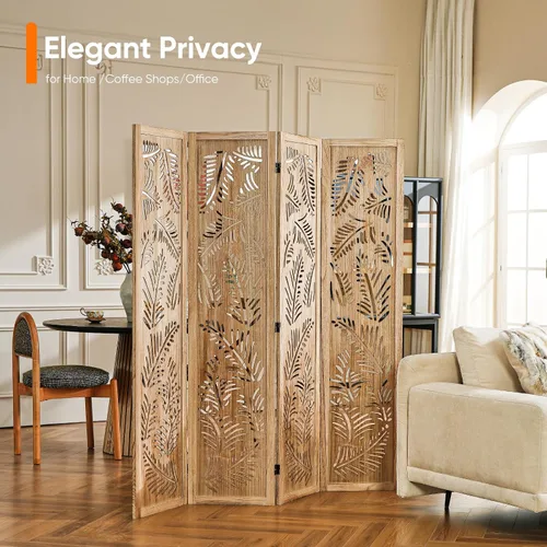 Vista 5 de JOSTYLE Divisor de habitación bohemio con tallado de plumas, pantalla de madera calada de 4 paneles, división plegable decorativa para dormitorio