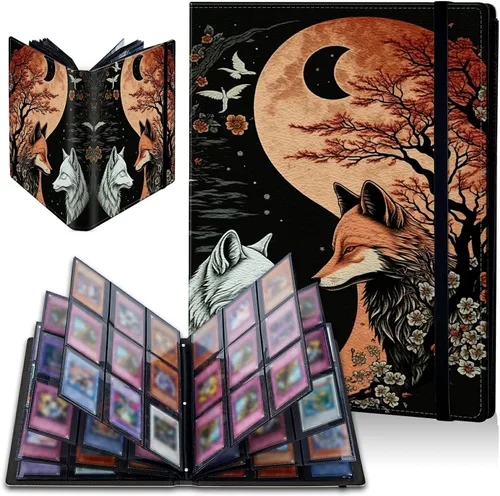 Vista 25 de Carpeta de tarjetas de gato negro y luna, 9 bolsillos para álbum de tarjetas intercambiables, carga lateral, 360 bolsillos, tarjetero de poliuretano