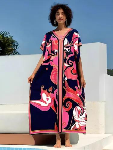 Vista 6 de Cashew Flower Silk Caftan Women Vneck beach Cover up Caftans Loose Plus Size Floral Print Side Split Kaftan Dresses