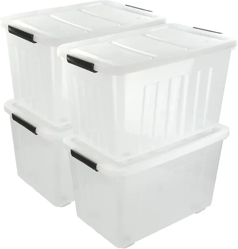 Vista 8 de Paquete de 4 cajas de almacenamiento de plástico, contenedores de almacenamiento con tapa con asa, 20 L, transparentes