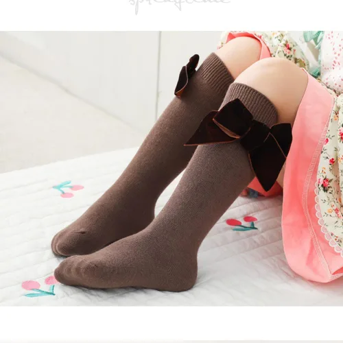 Vista 3 de Calcetines altos hasta la rodilla para bebés niñas, con lazo de punto y moño, calcetines de tubo con volantes para 0-7 años