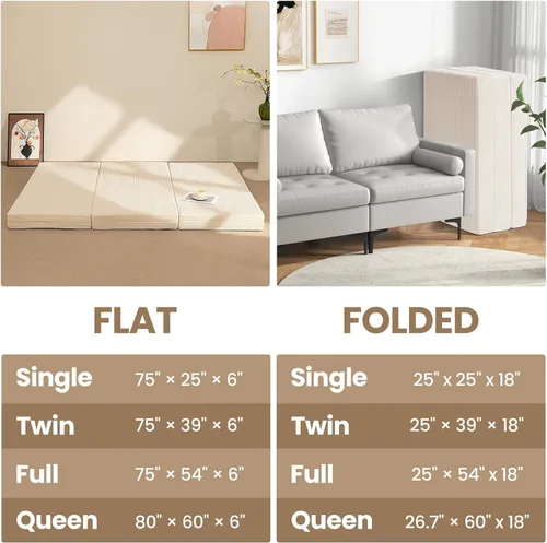 Vista 7 de Colchón de tres pliegues de 6 pulgadas, tamaño individual, sofá cama plegable con funda extraíble lavable, colchón plegable de espuma de alta Beige
