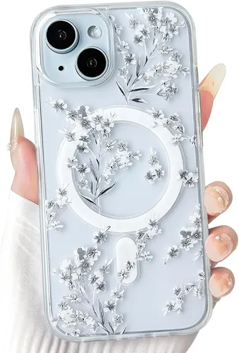 Vista 67 de NITITOP Funda magnética transparente compatible con iPhone 14 Plus/15 Plus, compatible con MagSafe lindas flores, hojas florales para mujeres