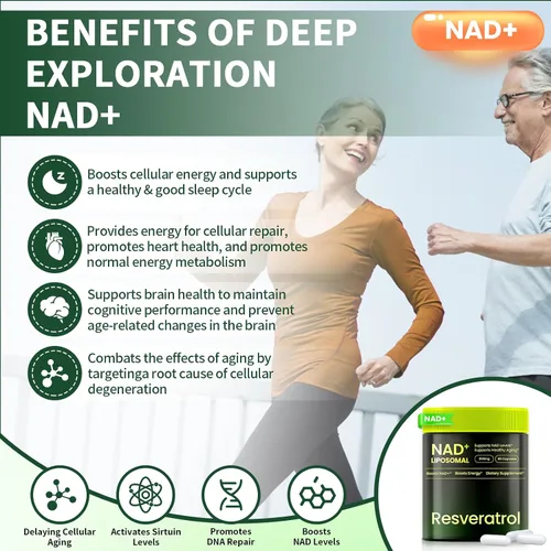 Vista 2 de Suplemento NAD, nicotinamida liposomal ribósido resveratrol 250 mg, alternativa a NMN, suplemento NAD de alta pureza para mujeres y hombres