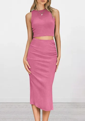 Vista 2 de PRETTYGARDEN Conjunto de 2 piezas de verano para mujer, cuello redondo, sin mangas, con abertura, falda midi