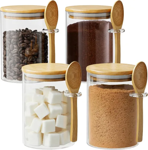 Vista 8 de Recipiente de vidrio para azúcar con cuchara, 1 paquete de tarros de vidrio de 15 onzas con tapa y cuchara de bambú, recipientes de almacenamiento