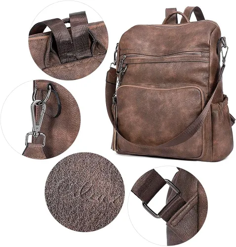 Vista 4 de CLUCI Mochila monedero para mujer, diseño de cuero, viajes, grandes señoras bolsas de hombro con borlas con imagen del producto cartera para mujeres