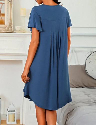 Vista 4 de Marvmys Camisón de manga corta para mujer, plisado, cuello redondo, vestido de pijama corto