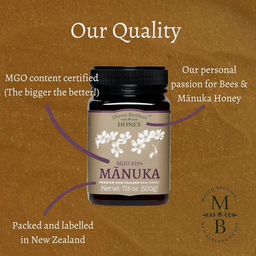 Vista 6 de Mason Brothers Raw Manuka Honey MGO 829+ - Miel de Manuka monofloral de Nueva Zelanda certificada Ultra Premium, miel pura rastreable, 17.6 onzas