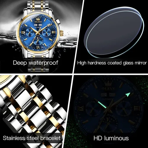 Vista 6 de OLEVS Automatic Mechanical Watches for Men Self Winding no Battery Stainless Steel Strap Luxury Moon Phase Luminous Waterproof Wrist Watch