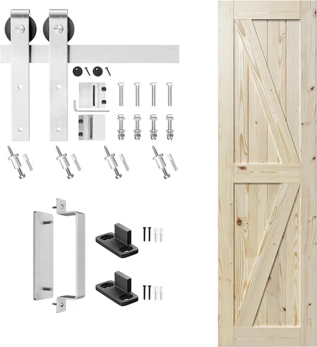 Vista 7 de SMARTSTANDARD Puerta corrediza de granero de 26 x 84 pulgadas con herrajes de níquel cepillado Kit de riel y mango de 5 pies, requiere montaje