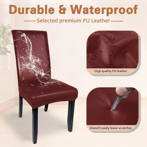 Vista 3 de Juego de 4 fundas de cuero suave para sillas de comedor, fundas elásticas impermeables para sillas de comedor, protectores resistentes al aceite y a