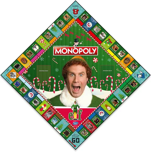 Vista 3 de Winning Moves Juego de mesa de monopolio elfo, elige tu ficha festiva y avanza al taller de Papá Noel y al edificio Empire State, ahorra Navidad