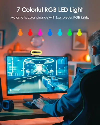 Vista 3 de Cámara web 2K 50FPS para PC/Mac, cámara de computadora con luces RGB de relleno, 2 micrófonos con cancelación de ruido, enfoque automático y trípode