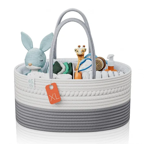 Vista 13 de KiddyCare Organizador de Pañales Tejido con Cesta de Asa y Tapa, Organizador de Pañales con Divisores para Guardería de Bebé Niño/Niña, Regalo