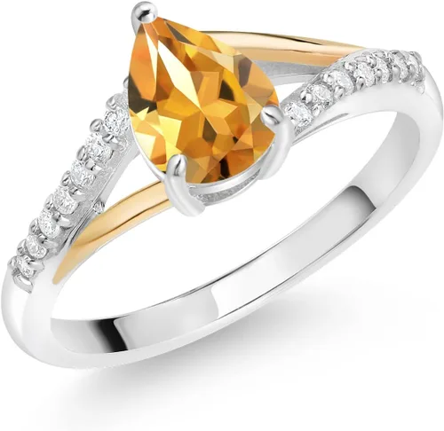 Vista 7 de Gem Stone King Anillo de compromiso de plata 925 y oro amarillo de 10 quilates, piedra natal con forma de pera de 0.315 x 0.236 in y diamantes
