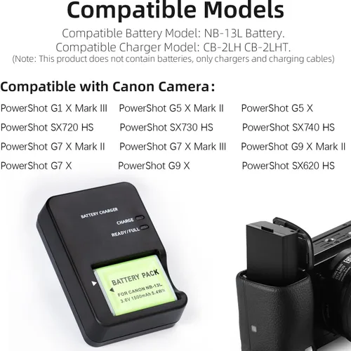 Vista 2 de Cargador de batería NB-13L CB-2LH compatible con Canon PowerShot G1X G1 X Mark III G5X G5 X Mark II G7X G7 X Mark II III G9X G9 X Mark II SX620