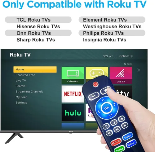 Vista 2 de Control remoto retroiluminado de repuesto para TCL/Hisense/Sharp/Philips/Onn/Element/Insignia/Westinghouse Roku TV (no para Roku Stick o Box)