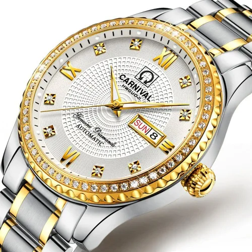 Vista 2 de Gosasa Relojes de oro de lujo hechos en Suiza, relojes de diamantes de acero inoxidable dorado luminoso de la semana del calendario de la exhibición