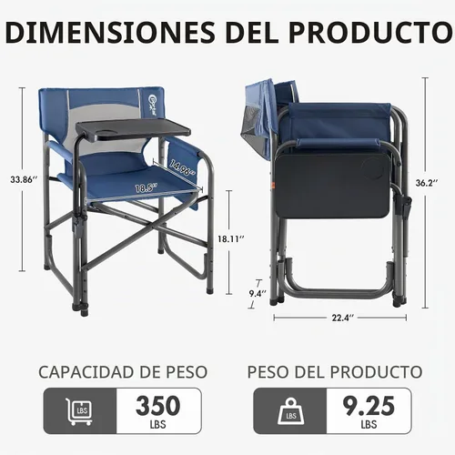 Vista 3 de Portal Silla de director plegable con mesa auxiliar giratoria de 2 vías, silla de campamento resistente de 300 libras con bandeja giratoria y Azul