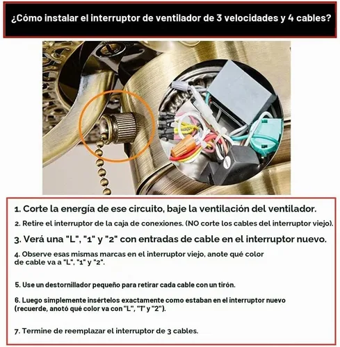 Vista 3 de Interruptor de ventilador de techo 3 velocidades 4 cables, piezas de repuesto de ventilador de techo Ze-268s6, interruptor de cadena de tracción