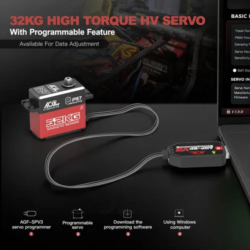 Vista 5 de AGFRC A73CHLW V2 70.5 lbs Servo de dirección RC sin núcleo de alto esfuerzo de torsión y programador servo AGF-SPV3